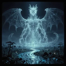 a huge translucent ghost dragon, dark eerie movie frame, greek fantasy panorama, a magnificent ghost giant above the magic shining river styx, at night, otherworldly, ghost giant above the horizon, stanley kubrick, 1 7 mm, wide shot, surreal, deep