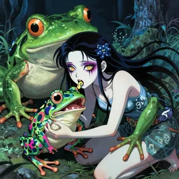 scary godlike fairy in the anime style of Junji Ito , eating a psychedelic frog violently , being chased by a anthropomorphic giant frog , trending on artstation , pastel , petite , upper body , epic , traditional makeup , gorgeous features ,Perfect pixel art, Post-processing , Greg rutkowski legendary matte painting , masterpiece