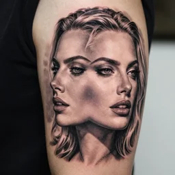 realism tattoo design of margot robbie and beautiful mountains mash up, in the style of arlo dicristina, amazing detail, face morph