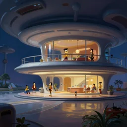 concept art of jetsons cartoon indoor scenario of a futuristic house, painted by john berkey