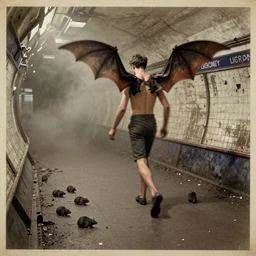 A slim man grows bat wings from his back in an abandoned London Underground station, rats on the floor, 1950 photograph, dark fantasy, motion blur, sooty haze, detailed, gritty photograph on yellowing paper