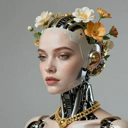 close up portrait of a sairose Ronan cyborg with golden jewellery and flowers growing out of its head, photograph