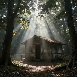 cabin in the woods, lost place photo, sunrays, mystic, mist, volumetric lights, wilderness, dirt, dramatic, cinematic, 8K, award winning photo