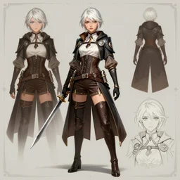 a fantasy short white haired female rogue character design sheet, trending on artstation