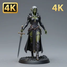 80mm resin detailed miniature of a Dark Elf Female, clothed in dark elf suit, olive skin, long sliver hair, Elven Dagger, Product Introduction Photos, 4K, Full body