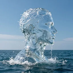 water forming a shape of a human head, giant sculpture on the ocean water, water manipulation art, ray tracing, realistic water sharp focus, long shot, 8 k resolution, cinematic