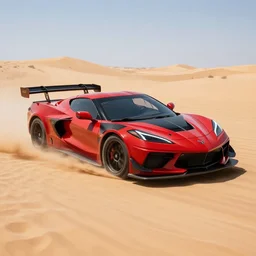 red and black corvette racing through the desert, sand, highly detailed, motion blur, 8 k upscaling, octane render, eu 5, maximalist, sunset, intricate, photo realistic, metallic car, realistic reflections