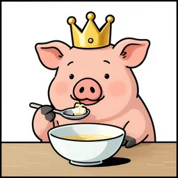 trippy comic art of a pig wearing a gold crown eating out of an empty bowl, drawn by Martin Rowson, Tim Burton, Studio Ghibli, Alex Pardee, Nekro Petros Afshar, James McDermott, colors by lisa frank, unstirred paint, vivid color, cgsociety 4K