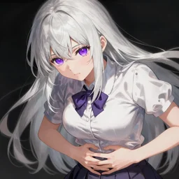 “ anime, white hair, purple eyes, high school girl beaten in stomach, light and shadow effects, intricate, highly detailed, digital painting, art station, concept art, smooth, sharp focus, illustration, advanced digital anime art, atmospheric lighting, detailed face, by makoto shinkai, stanley artgerm lau, wlop, rossdraws, art by artgerm and greg rutkowski and alphonse mucha and william - adolphe bouguereau, craig mullins, j. c. leyendecker ”
