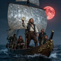 the age of discovery, red moon over stormy ocean, the greatest adventurer standing on a 1 5 th century sampan boat holding a medieval compass, dappled silver lighting, epic, atmospheric, highly detailed, by igor morski, jacek yerka, alexander jansson, james christensen, tomek setowski, cinematic