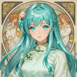 adult girl with long aqua glass hair, aqua glass eyes, a small pigtail on the left side, chinese dress, chinese style, anime style, hyper detailed, light green dress, illustration, digital painting, art by artgerm and greg rutkowski and alphonse mucha, high delicate defined details, anime stylized, highly detailed, realistic, sharp focus
