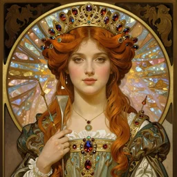 artwork by alphonse mucha and james jean, portrait of a young beautiful medieval queen, alexandrite