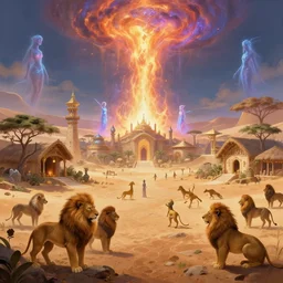 fantasy oasis village beside an african desert, populated by anthropomorphic lion men, ross tran, nephilim, pyroclastic flow, ethereal, fantasy, james jean, oozium, peter morbacher angelarium alchemy luxury heavenly light soft illumination, trending on artstation, cinematic lighting, digital painting, octane