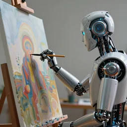 an high resolution photo of a futuristic automaton paiting a picture on a canvas, hyper detailed, photography, realistic art, 8 k, unreal engine, octane render, cinematic