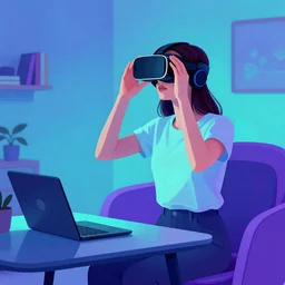 digital art of a woman playing with a vr headset in a cyan and purple lit room greg rutkowski style