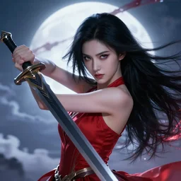 a beautiful fierce long black haired woman wearing red dress wielding black sword posing heroically, heavenly moonlit clouds background, close up shot, perfect hyperdetailed face, league of legends style, splash art, highly detailed, vray, artstation, extremely detailed woman, stunning volumetric lighting, hyper realism, fantasy 4k