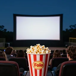 outdoor cinema screen with moviegoers, giant popcorn bucket, at night symmetrical rule of thirds
