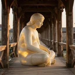 a giant sitting under a wooden passage in a medieval port, golden hour, dramatic lighting, fluid, smooth, bright, colours, high contrast, sharpness, very detailed, intricate, by hildebrandt brothers, frazetta, giorgio de chirico and botticelli