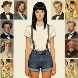 a woman with black hair and long pixie haircut in shorts with suspenders and white t-shirt drawn by amedeo modigliani, frank frazetta, gustave caillebotte, Alexandre Cabanel, norman rockwell, hajime sorayama, maler collier, peter paul rubens, alphonse mucha, gustav klimt 4k, unreal 5, DAZ, french noveau, trending on artstation, octane render, hyperrealistic