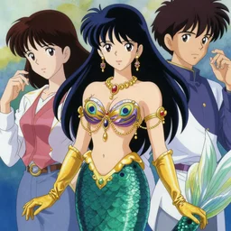 professionally painted portrait of an anime mermaid with a fish body, wearing an elegant peacock top, golden gloves, and golden jewelry and gems, art by yuji ikehata and satoshi kon, background art by miyazaki, proper human proportions, vhs
