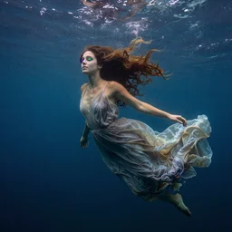 woman underwater photography with a long flowing dress, flowing hair, burnt skin, and different colored multi-colored eyes by Ivan Aivazovsky and Odilon Redon, award winning, epic, cosmic, dreamy, underwater