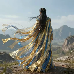 a long, flowing cloak made of millions of thin ribbons and threads of translucent gold and blue fabric that are twisting, swirling, unraveling, and pulling apart in the wind of an ancient landscape with mountains in the distance, unreal engine