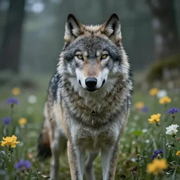 A high fantasy wolf girl standing in the middle of the field of flowers, by Peter Mohrbacher and Craig Mullins, face close up, official media, beautiful, detailed, high quality, wallpaper 4K, epic, trending on artstation and behance, cinematic, dynamic lightning