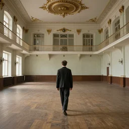 pov one man walking in a empty sovietic ballroom, by andrei rublev, high quality, high detail, ornemental, restored