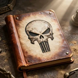 ancient fantasy punisher library with punisher leather bound book showing page featuring punisher symbol. background light rays in dust