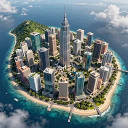 massive city built on a tropical island, photorealistic 4k, 8k