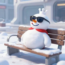 beautiful hypdertailed digital painting of a snowman with sunglasses on chilling on a bench outside a futuristic neon cyberpunk ice cream store, cyberpunk city in background, night time, stunning lighting, global illumination, 4 k