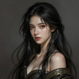 a beautiful girl with long black hair, fantasy, portrait, sharp focus, intricate, elegant, digital painting, artstation, matte, highly detailed, concept art, illustration, ambient lighting, art by Rossdraws, artgerm, and Greg Rutkowski