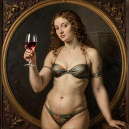 woman in a bikini holding a wine glass, renaissance painting