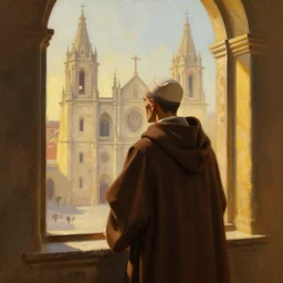 symmetry!! oil painting of a tonsured dominican monk in brown robes, looking out of a monastery window contemplatively, a majestic cathedral in the background, digital art, artstation, cinematic, golden hour, digital art painting by greg rutkowski
