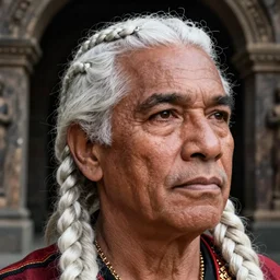 closeup headshot photo of the Native Venezuelan man, braided white hair, dungeon background and photography by Gregory Crewdson