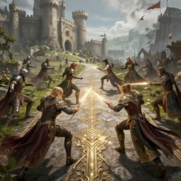 fantasy sci fi characters fight on medieval road near castle, action scene, 8 k, lumen reflections, sharpened, insanely detailed and intricate, hypermaximalist, elegant, ornate, hyper realistic, super detailed, digital art