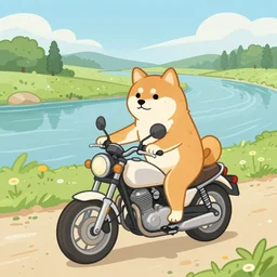 A Shiba Inu riding a motorbike on a path alongside a river, illustrated by Beatrix Potter