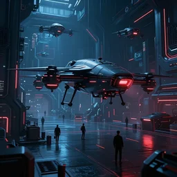cyber brutalism futuristic environment, drones, people, blue and black and red color scheme, by marc simonetti, by craig mullins