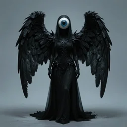 full body portrait of a dark shadow entity with wings, one large eyeball as the head