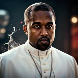 kanye west as the pope pope in gears of war battlefield 5, splash art, movie still, cinematic lighting, dramatic, detailed face, octane render, long lens, shallow depth of field, bokeh, anamorphic lens flare, 8 k, hyper detailed, 3 5 mm film grain