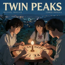 Twin Peaks poster artwork by Michael Whelan and Tomer Hanuka, Rendering of nostalgic teenagers play the ouija board, by Makoto Shinkai and thomas kinkade, Matte painting, trending on artstation and unreal engine