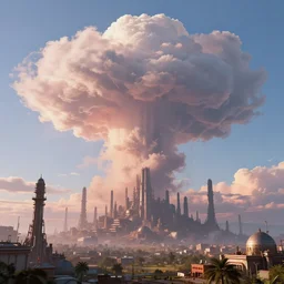 scifi concept art of an industrial megalopoli by greg rutkowski, star wars expanded universe, cumulonimbus clouds, sunset, nostalgic, very very very beautiful art, cinematic lighting, bright pastel color, blue sky
