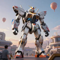 a beautiful hyperrealistic ultradetailed 3 d render of a gigantic mecha guarding a sci - fi spaceport, by maciej kuciara : 3, mech, unreal engine, octane render, gigantic, unreal engine, octane render, 3 d, brilliantly coloured, intricate, ultra wide angle, trending on artstation, dusk, volumetric lighting, hdr, polished, micro details, ray tracing, 8 k : 2, people, sphere, balloon, blurry, blur, depth of field, dof, bokeh, obscured, macro : - 1