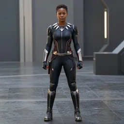 full body shot of Letitia Wright as a Black Panther, cinema still from Avengers: Endgame (2019)