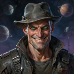 an intimate portrait of a gnarly human cyberpunk captain, old skin, faded hat, charming, strong leader, green eyes, a look of cunning, big smile, detailed matte fantasy painting, the planets and storms behind him