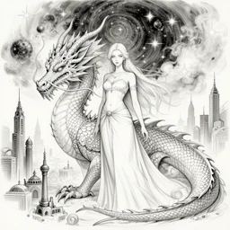 a sketch drawing, ultra detailed, dragon, mystical travel, magic, universe, beautiful woman, surreal city, trending on artstation