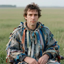 closeup portrait of a man with a cloak made of ribbons and water, sitting in a chair in an empty field, by Annie Leibovitz and Steve McCurry, natural light, detailed face, CANON Eos C300, ƒ1.8, 35mm, 8K, medium-format print