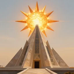 a blazing geometric sun above a triangular techno monolithic temple, detailed, 4 k, warm colours, by stanley donwood philippe druillet and victo ngai,
