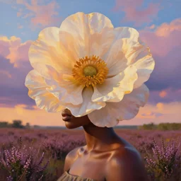 closeup, huge flower as head, an african woman in the heather field, surreal photography, golden hour, colorful clouds, impressionist painting, digital painting, artstation, simon stalenhag