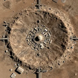 very high resolution, fine detail, 8 k, aerial photo looking down from above on a large crater with a city around it, on the surface of planet mars